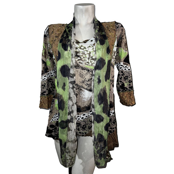 Alberto Makali Top Green Brown 2-fer Lace 3/4 Sleeve Embellished Blouse Size S - Picture 1 of 9